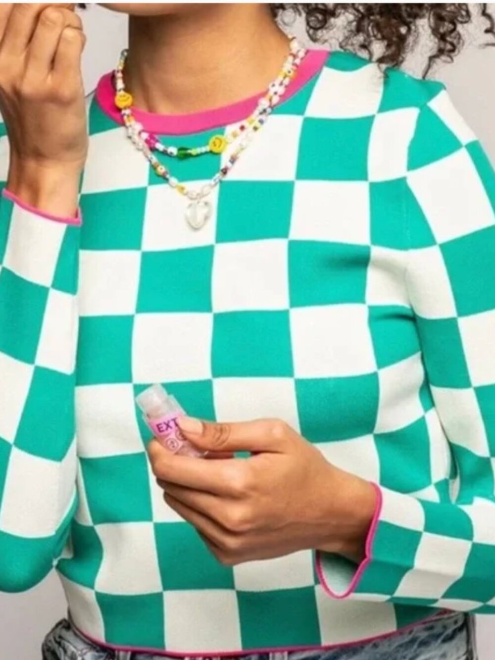 Zara Bold Green and White Checkered Knit Crop‎ Sweater Top Size Small NWOT